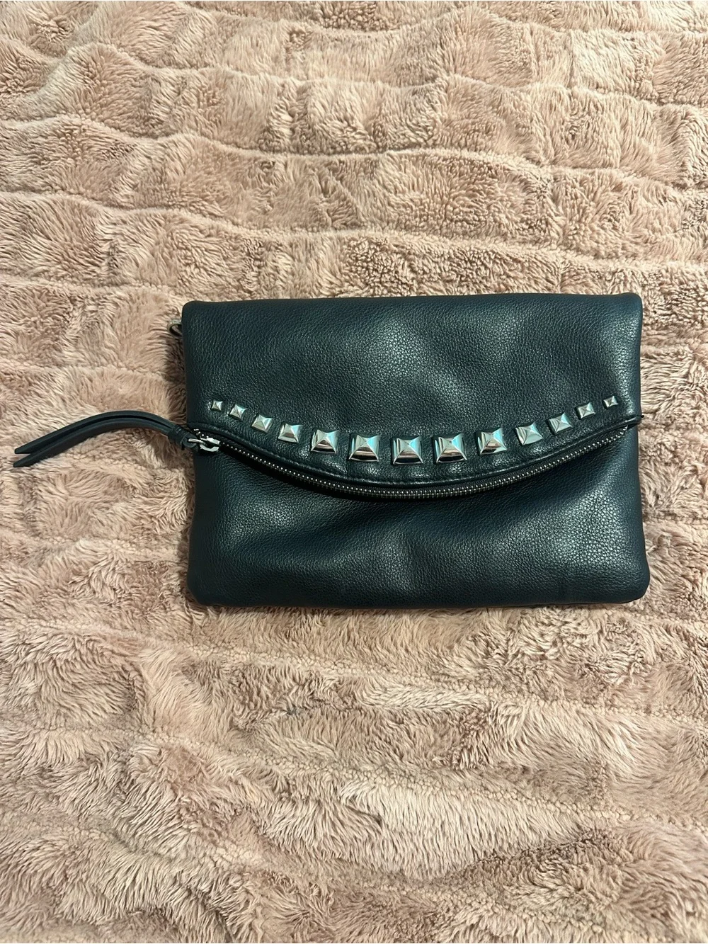 Enzo Angiolini Black Faux Leather Studded Fold-Over Clutch